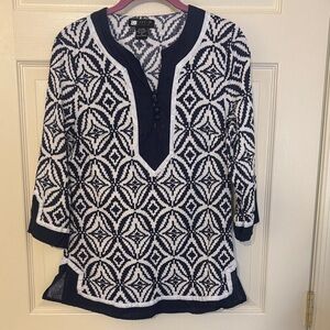 Carol Little Navy and White Geometric Linen Tunic